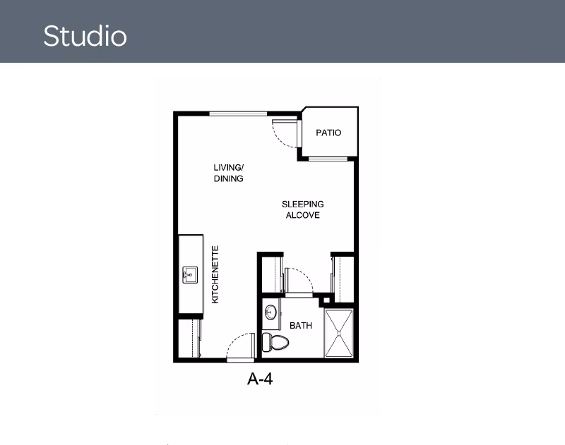 Floor plan of a studio apartment labeled A-4 at Creekside Terrace, showing a kitchenette, living/dining area, sleeping alcove, bathroom, and a patio.