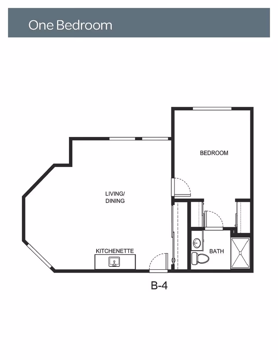 Floor plan layout of a one-bedroom unit labeled B-4 at Holiday Redbud Hills, showing a bedroom, bathroom, kitchenette, and combined living/dining area.