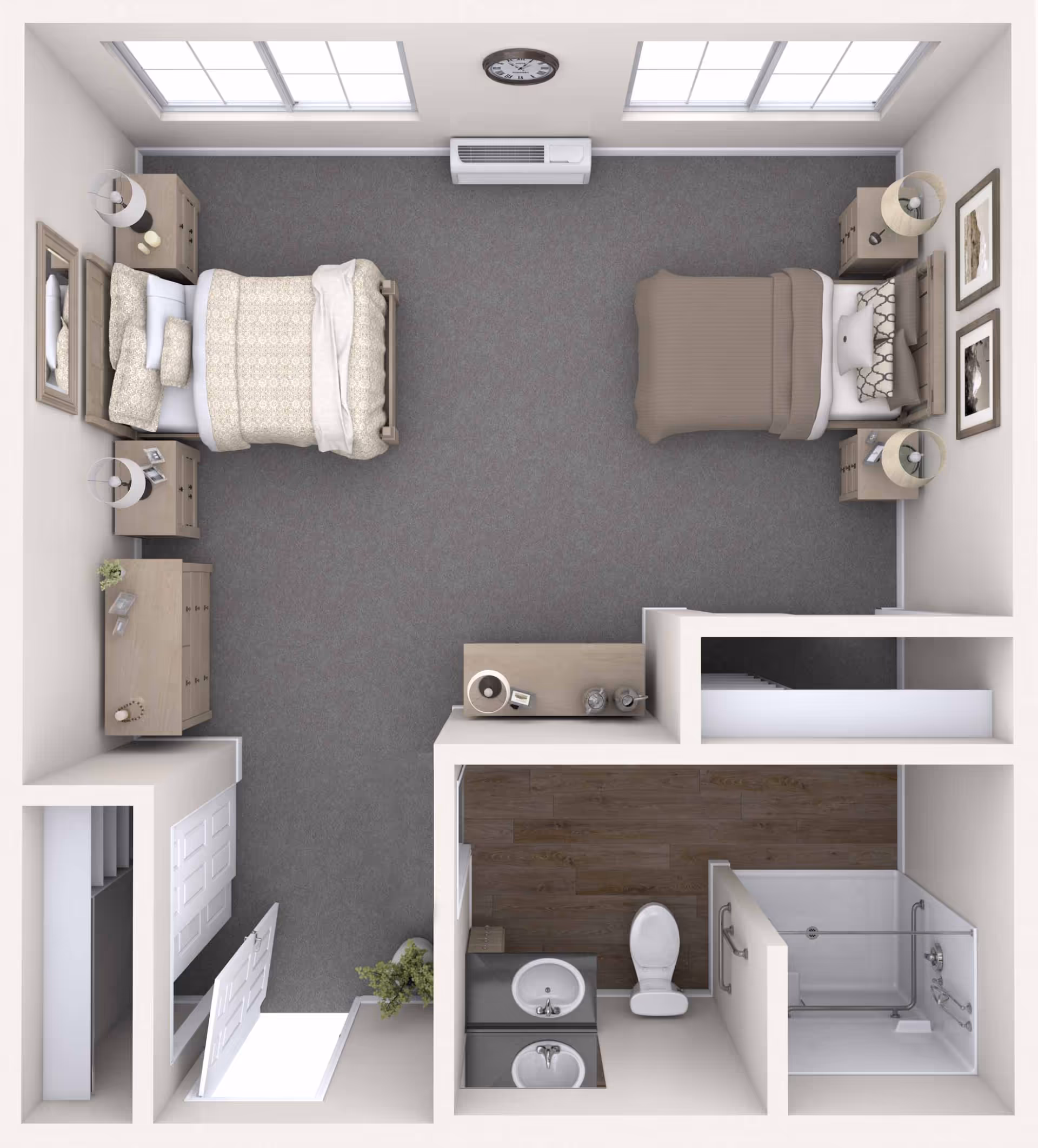 Top-down view of a room layout featuring two single beds each with nightstands and lamps, a dresser, a small table with a lamp and decorative items, two windows, a wall clock, and an adjoining bathroom with a sink, toilet, and shower.