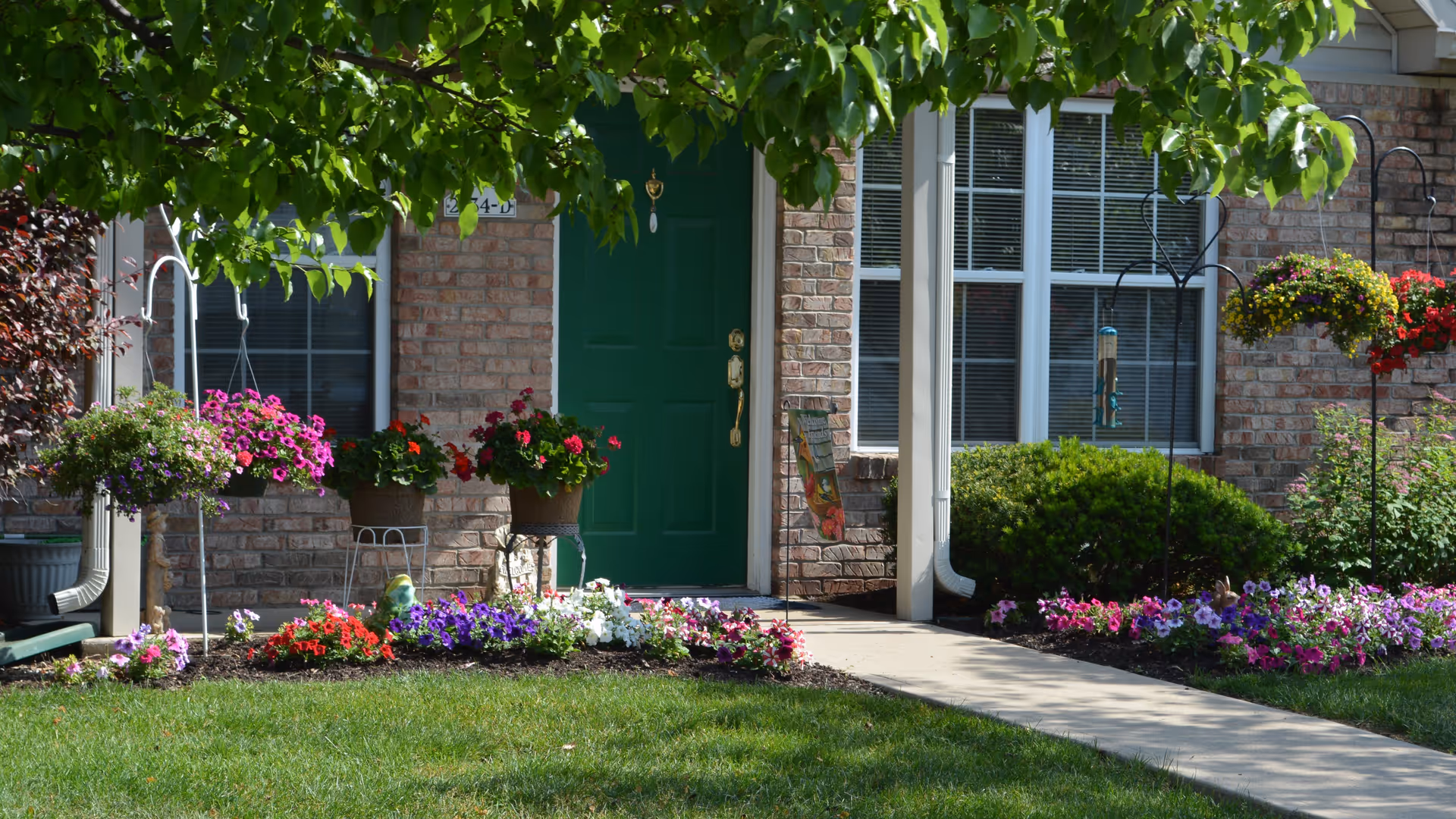 Front entrance of a brick building with a green door, surrounded by colorful flower beds and hanging flower baskets. A concrete pathway leads to the door, and there are windows with white blinds on either side. Green leafy tree branches partially shade the scene.