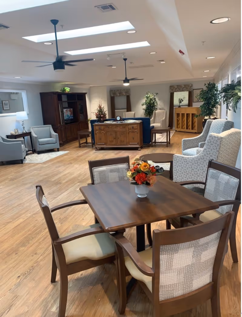 Bright senior living common room with a wooden table and chairs in the foreground, armchairs, a TV cabinet and plants.