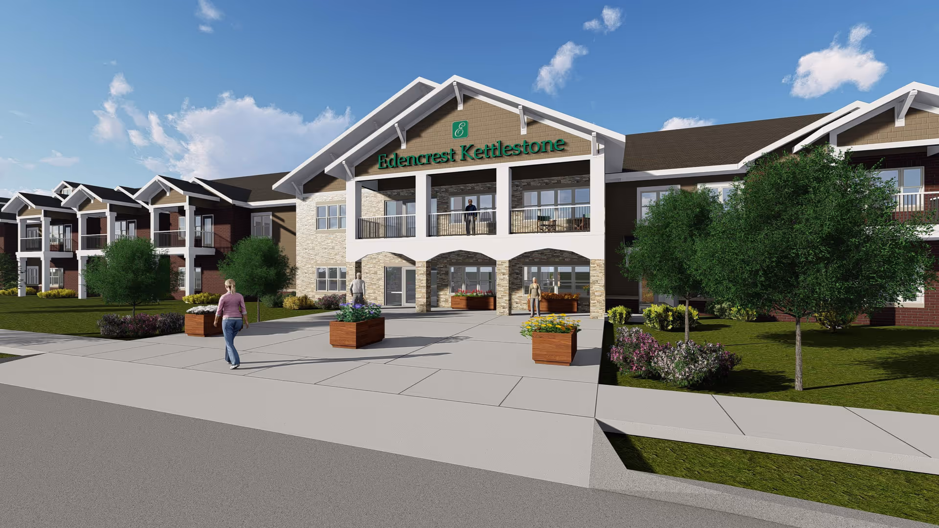 Exterior view of Edencrest at Kettlestone senior living facility showing a large two-story building with balconies, a covered entrance, landscaped greenery, and a few people walking near the entrance.