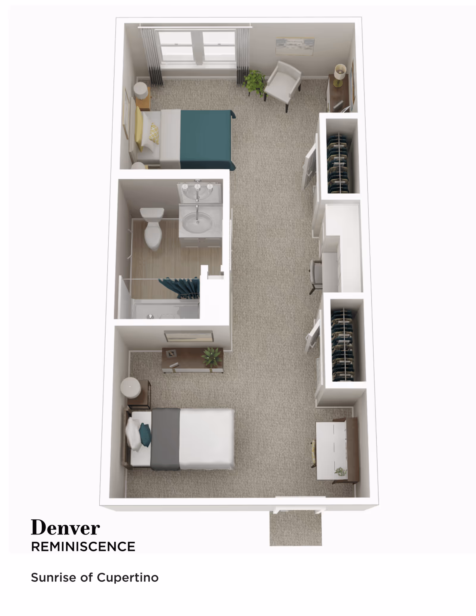 3D floor plan of a senior living apartment named Denver Reminiscence at Sunrise of Cupertino, featuring two bedrooms, a bathroom with a shower, a small sitting area with a chair and plant, closets, and a desk area.