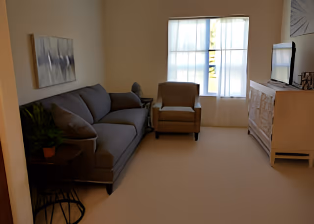 A living room with a gray sofa, a beige armchair, a wooden TV stand with a television on top, a window with sheer white curtains, a small side table with a potted plant, and a painting on the wall.