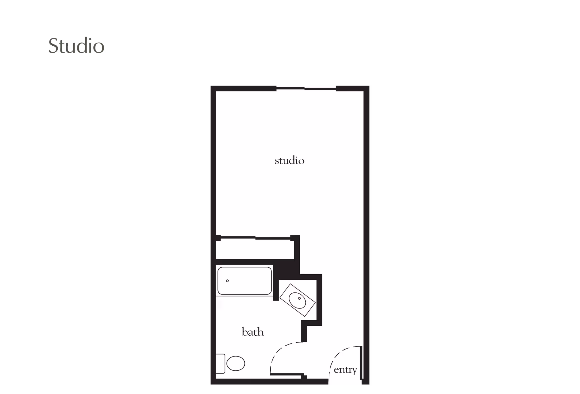 Black-and-white studio apartment floor plan showing a main studio area, a bathroom with tub, toilet and sink, and an entry.