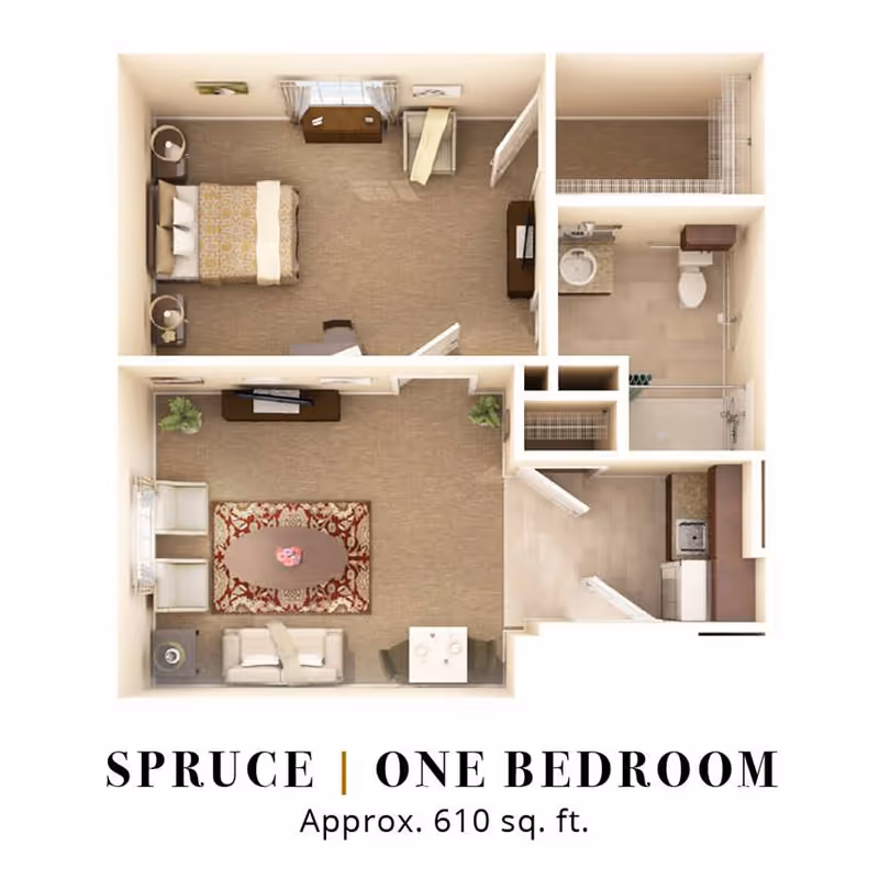 Floor plan of a one-bedroom apartment named Spruce with approximately 610 square feet. The layout includes a bedroom with a bed and nightstands, a living room with seating and a coffee table, a kitchen area, and a bathroom with a shower, toilet, and sink.