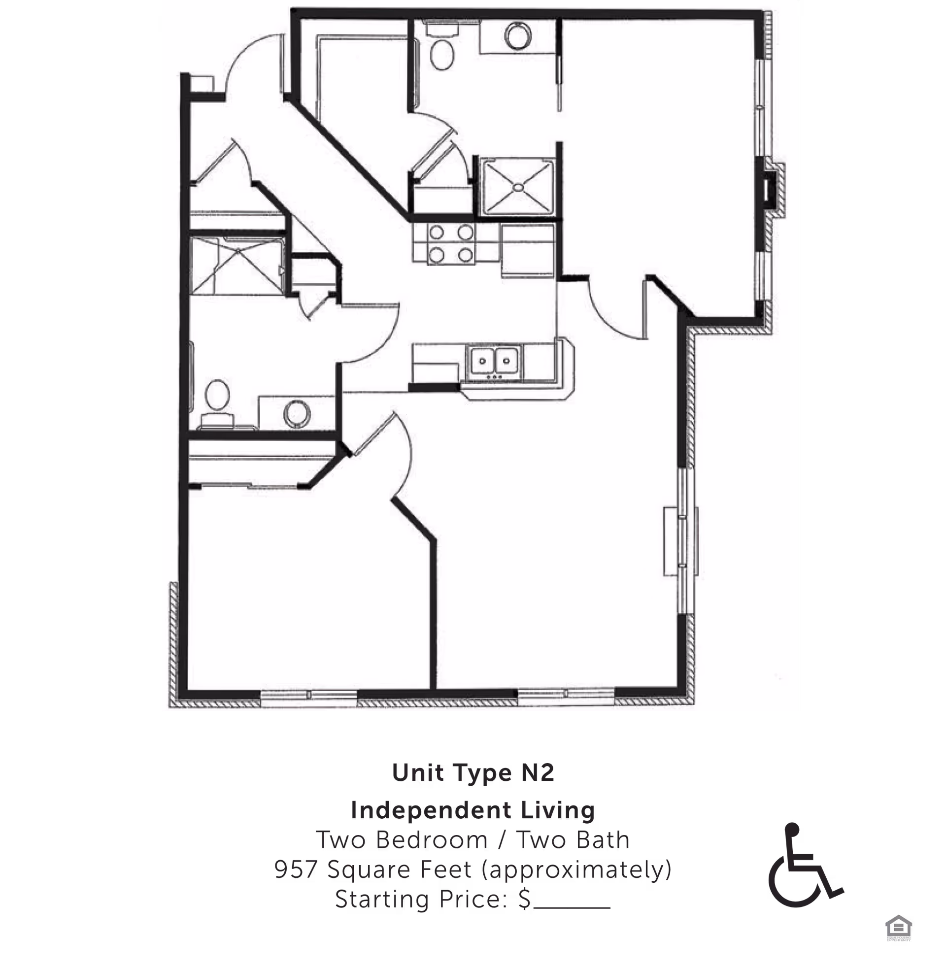 Architectural floor plan of Unit Type N2 at Trustwell Living at Eagle Pointe Place, showing a two-bedroom, two-bath independent living apartment with approximately 957 square feet. The layout includes a kitchen, living area, two bathrooms, and two bedrooms with doors and windows marked.