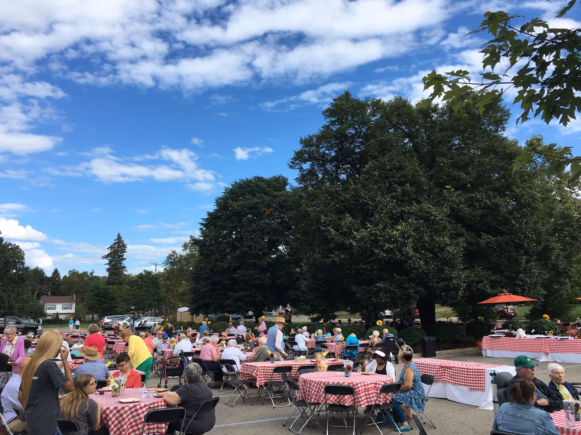 Outdoor gathering with many people seated at tables covered with red and white checkered tablecloths under a partly cloudy blue sky. Large green trees provide shade in the background, and there are umbrellas and a buffet table visible.