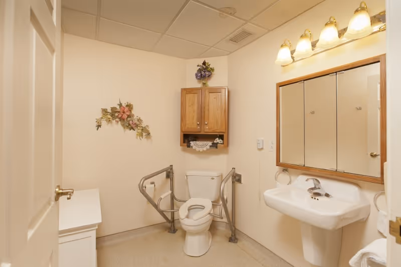 A clean and accessible bathroom with a white toilet equipped with metal support rails on both sides. Above the toilet is a wooden cabinet with a small decorative flower arrangement on top. To the right is a white sink with a mirror cabinet above it and a towel ring on the wall. The room has beige walls and ceiling tiles with overhead lighting fixtures.