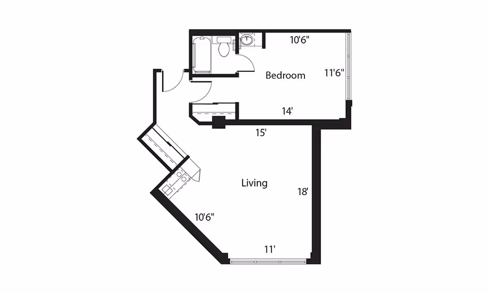 Black-and-white floor plan of a one-bedroom apartment showing a living area, bedroom, bathroom, kitchenette and room dimensions.