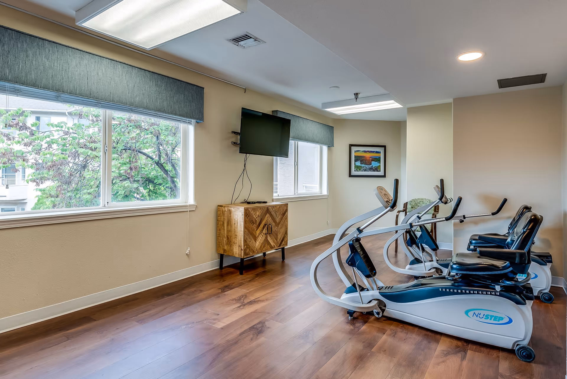 A bright exercise room with two NuStep recumbent cross trainers, a wall-mounted TV above a wooden cabinet, large windows with green valances letting in natural light, and a framed landscape painting on the wall.