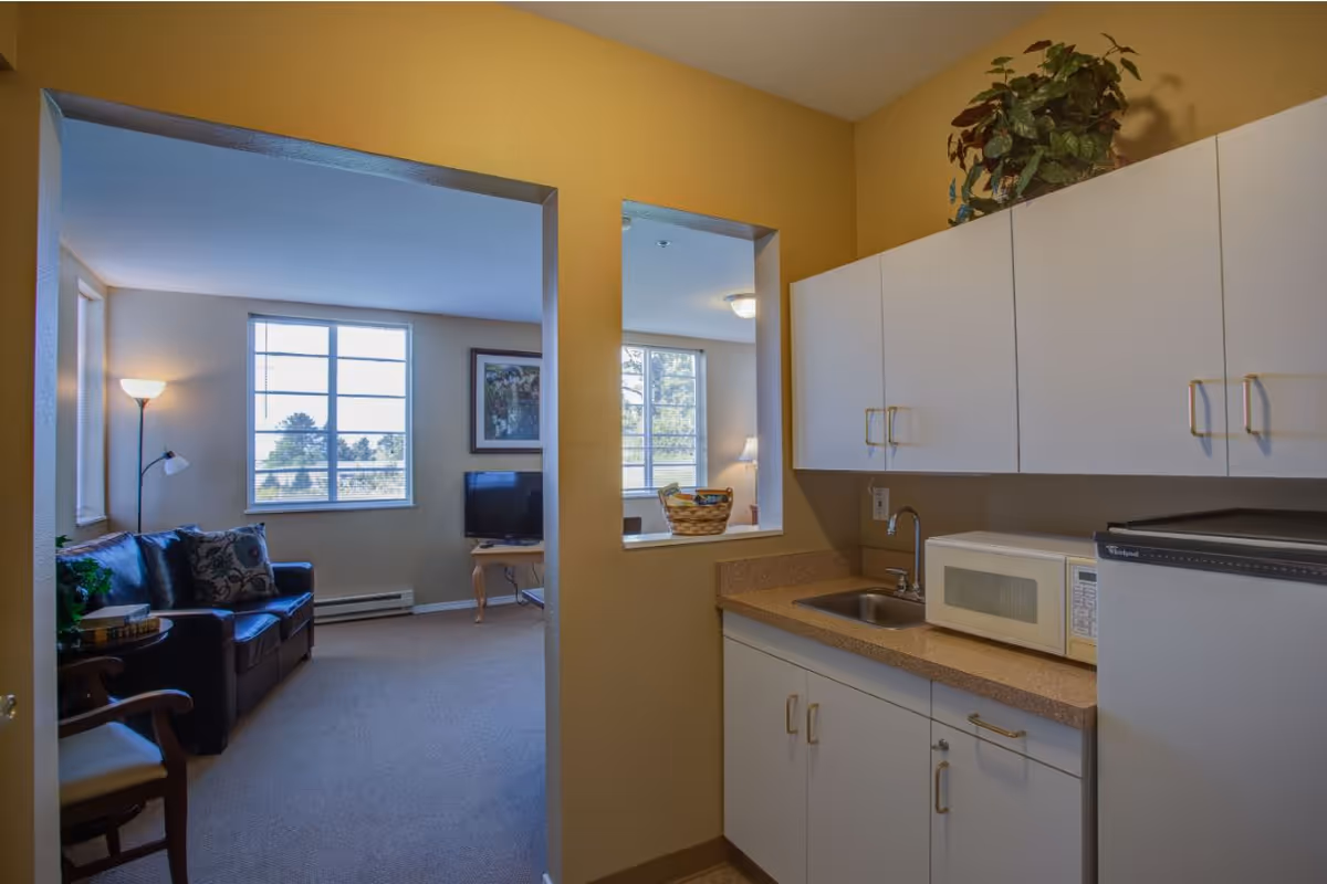 Small kitchenette with white cabinets, sink, microwave and mini-fridge opening into a living area with a sofa and TV.