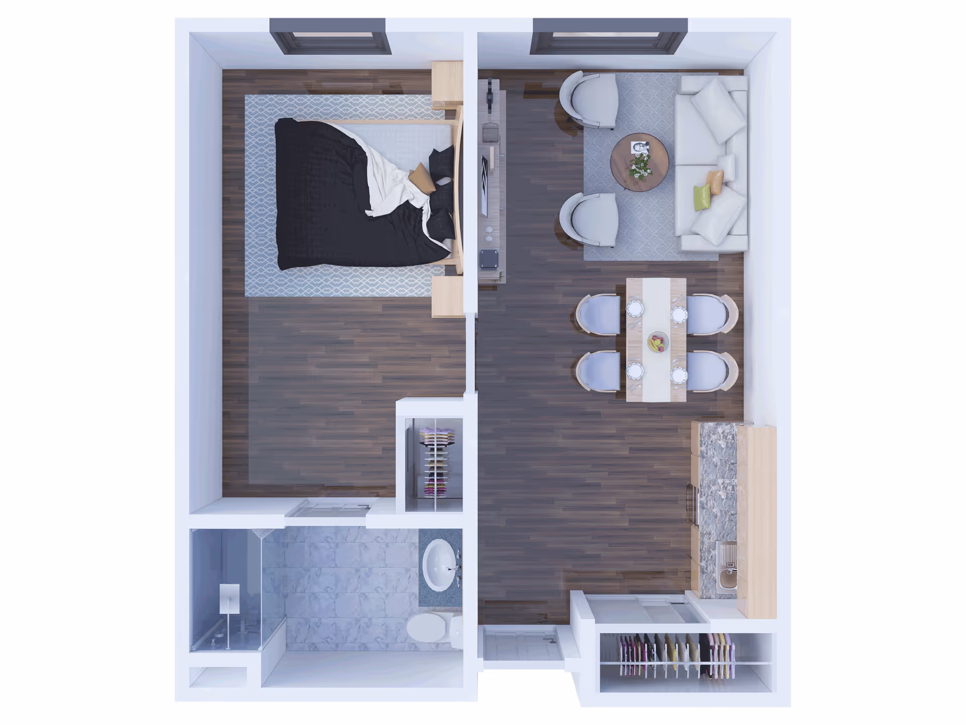 Top-down view of a one-bedroom apartment floor plan featuring a bedroom with a bed and nightstands, a living area with a sofa, two chairs, and a coffee table, a dining table with four chairs, a kitchen with countertops and appliances, a bathroom with a shower, toilet, and sink, and two closets.