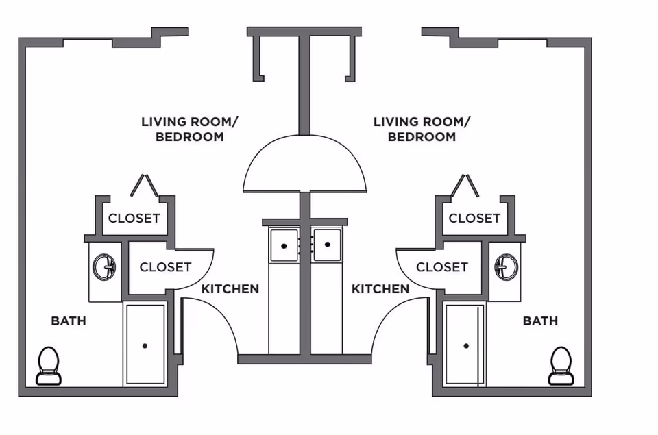 Architectural floor plan showing two adjacent studio units each with a combined living room and bedroom area, a kitchen, two closets, and a bathroom with a toilet, sink, and shower.