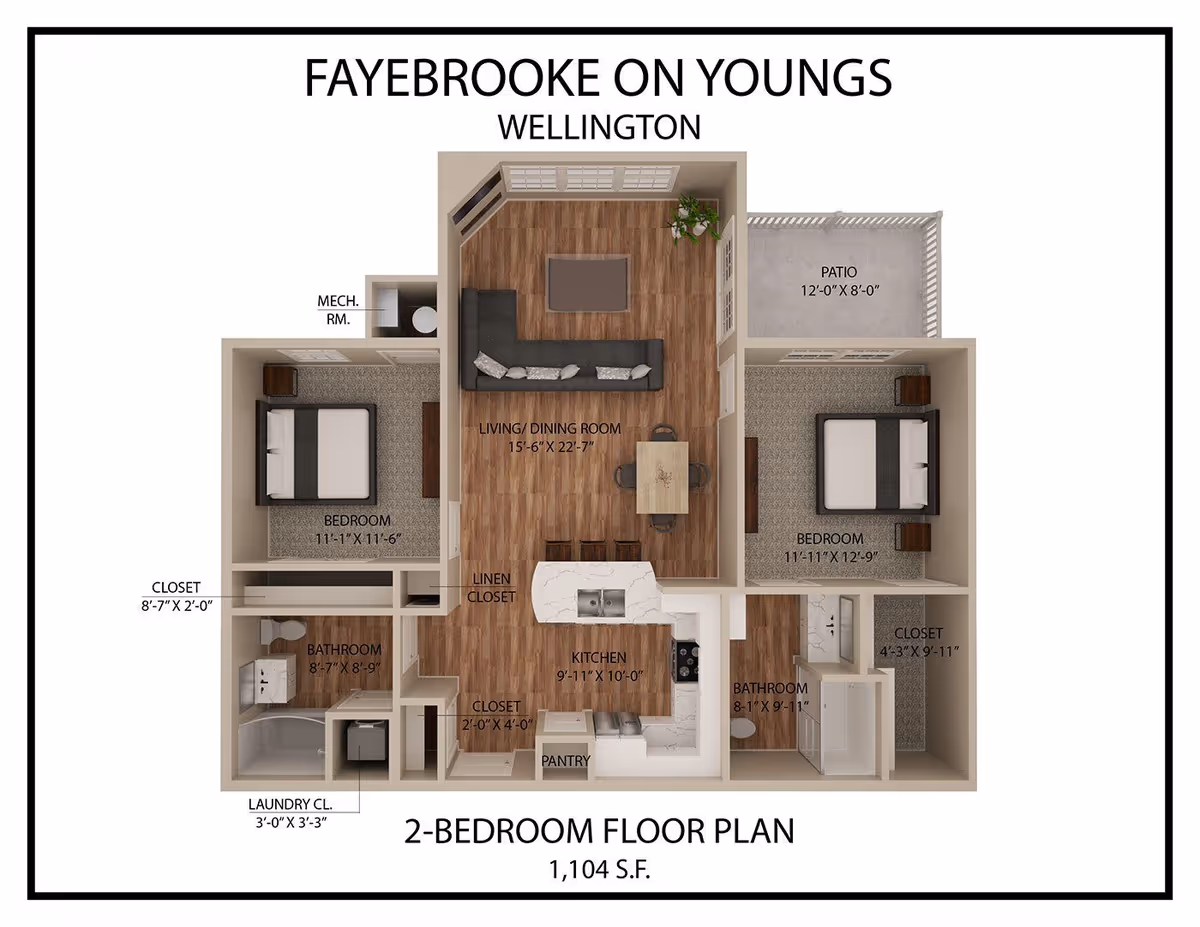 3D floor plan of a 2-bedroom apartment at FayeBrooke on Youngs in Wellington, showing two bedrooms, two bathrooms, a kitchen, living/dining room, closets, pantry, laundry closet, mechanical room, and a patio.