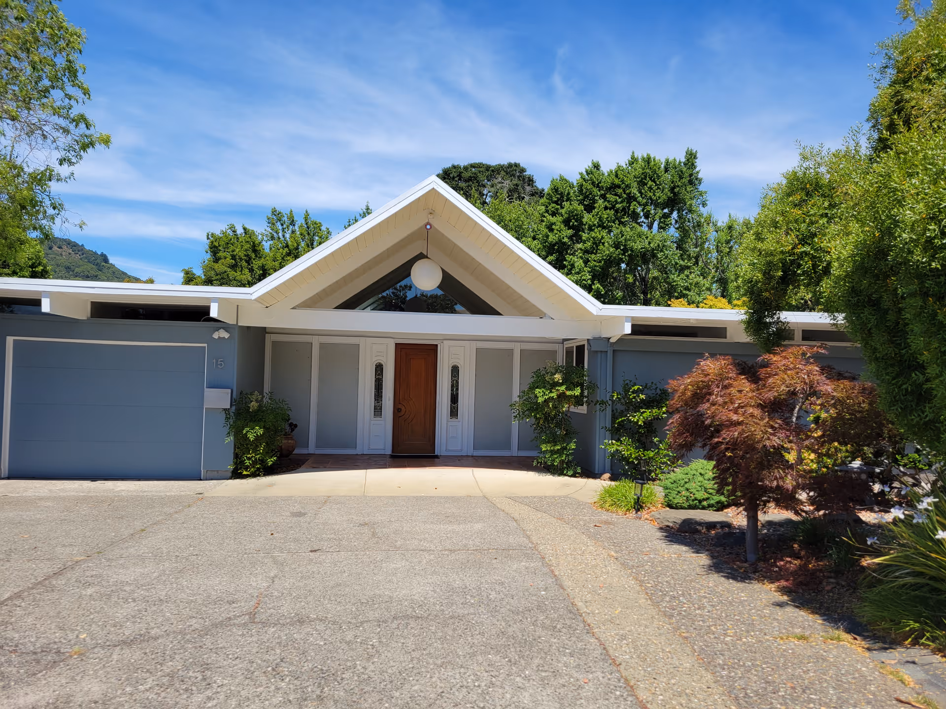 Front exterior view of a single-story modern house with a triangular roof peak, a wooden front door flanked by glass panels, a garage door on the left, and landscaped greenery including trees and shrubs under a blue sky.