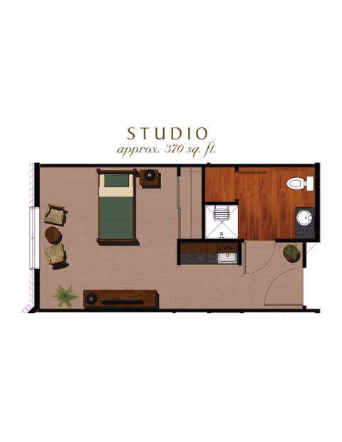Floor plan of a studio apartment approximately 370 square feet, featuring a sleeping area with a bed and two chairs, a small kitchenette, a bathroom with a toilet and sink, and an entryway with a plant.