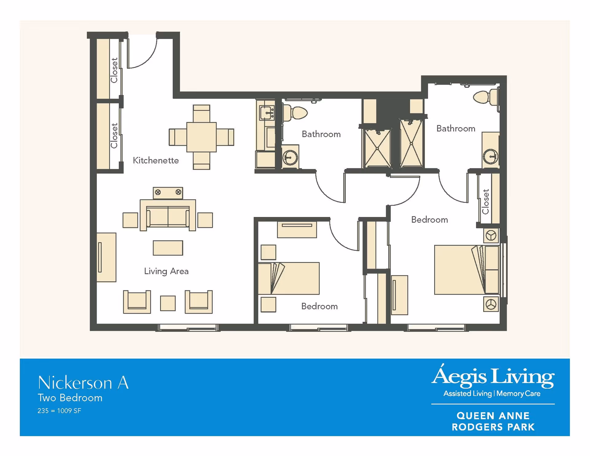 Floor plan labeled Nickerson A showing a two-bedroom apartment layout with a kitchenette, living area, two bathrooms, and closets. The plan includes furniture placement such as beds, sofas, chairs, dining table, and kitchen appliances. The bottom right corner has the Aegis Living logo and the text Queen Anne Rodgers Park.