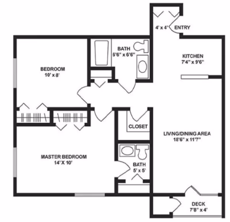 Floor plan of an apartment at Brookdale Castle Gardens showing two bedrooms, two bathrooms, a kitchen, a living/dining area, a closet, an entry, and a deck with dimensions labeled for each room.