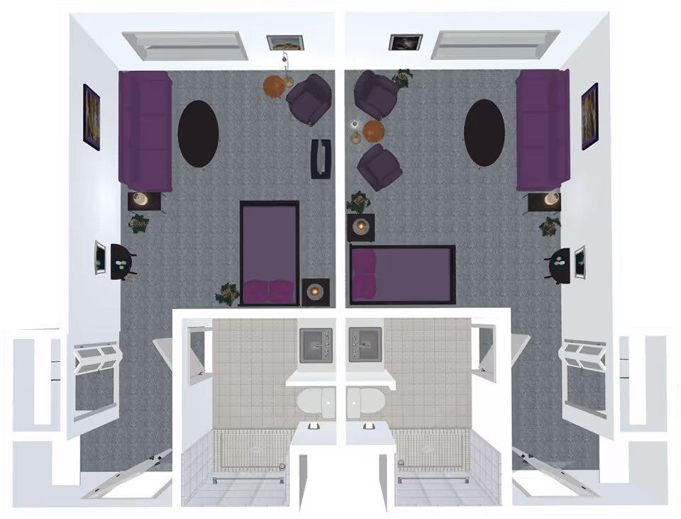 Top-down floor plan of two adjacent studio apartments, each with a living area containing a purple sofa, a bed, a small table with a lamp, two armchairs, a TV, and wall decorations. Each apartment has a bathroom with a sink, toilet, and shower.