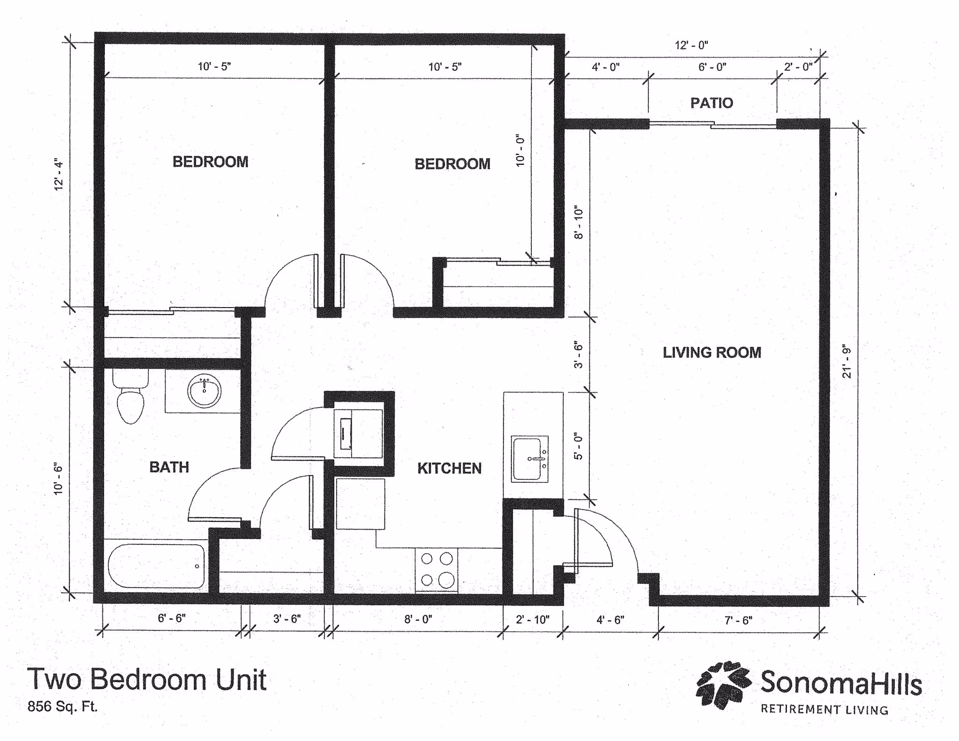 Floor plan of a two-bedroom unit at Sonoma Hills Retirement Living Community, showing two bedrooms, a bathroom, a kitchen, a living room, and a patio with dimensions.