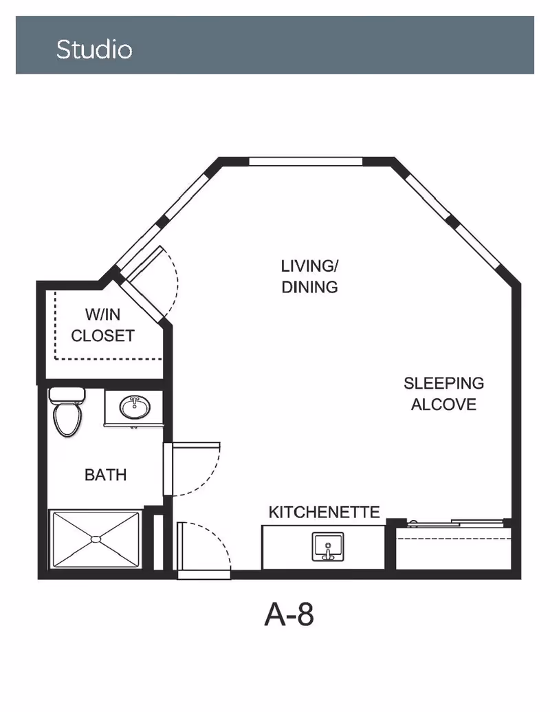 Architectural floor plan of a studio apartment labeled A-8, showing a living/dining area, sleeping alcove, kitchenette, bathroom, and walk-in closet.