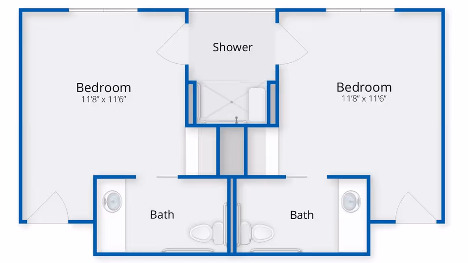 Floor plan showing two bedrooms each measuring 11 feet 8 inches by 11 feet 6 inches, each with an attached bathroom. A shared shower area is located between the two bedrooms.