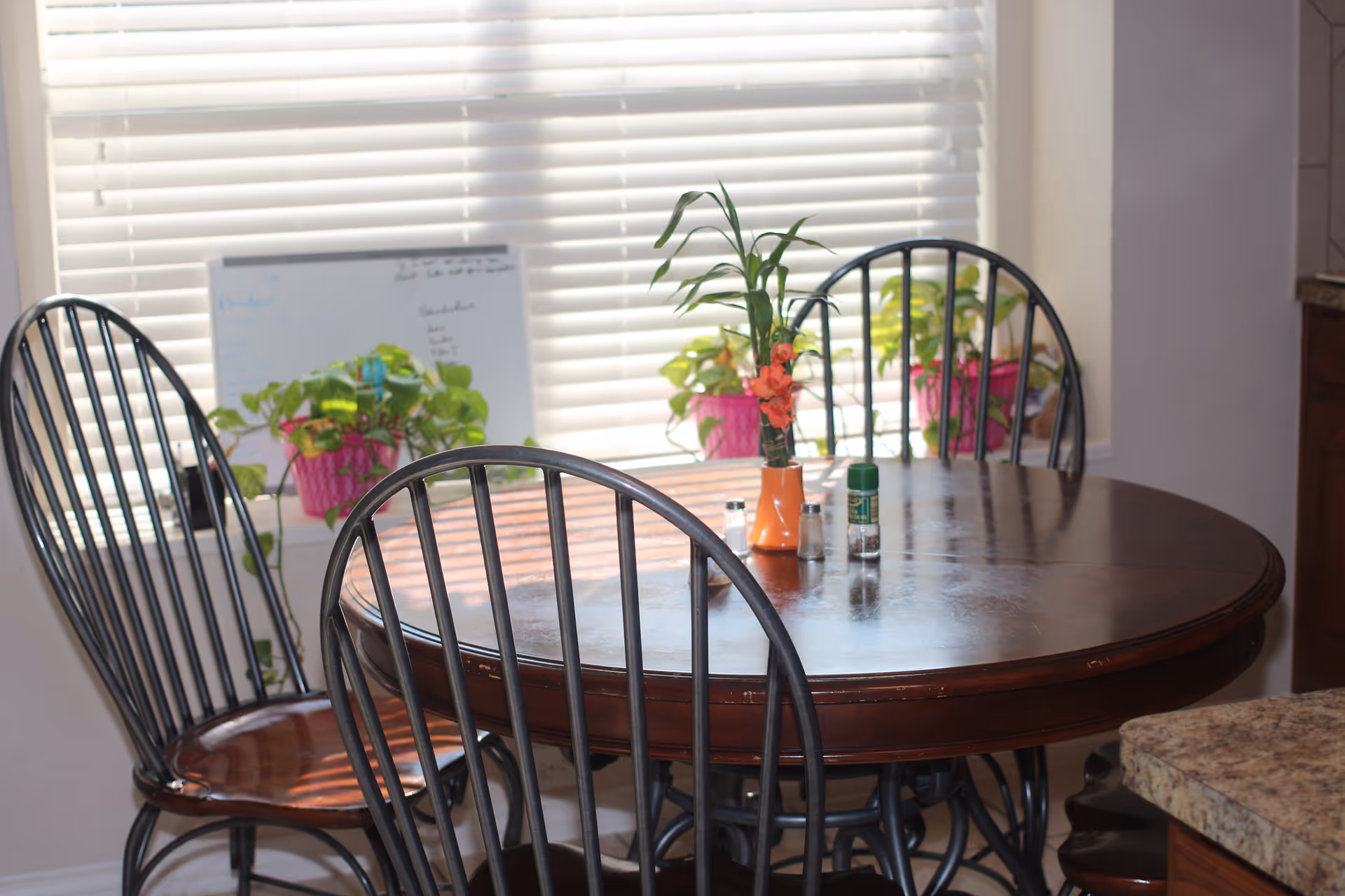 A round wooden dining table with four black metal chairs around it. On the table, there is a small orange vase with a plant, a salt shaker, and a pepper shaker. In the background, there is a window with white blinds and several potted plants on the windowsill.