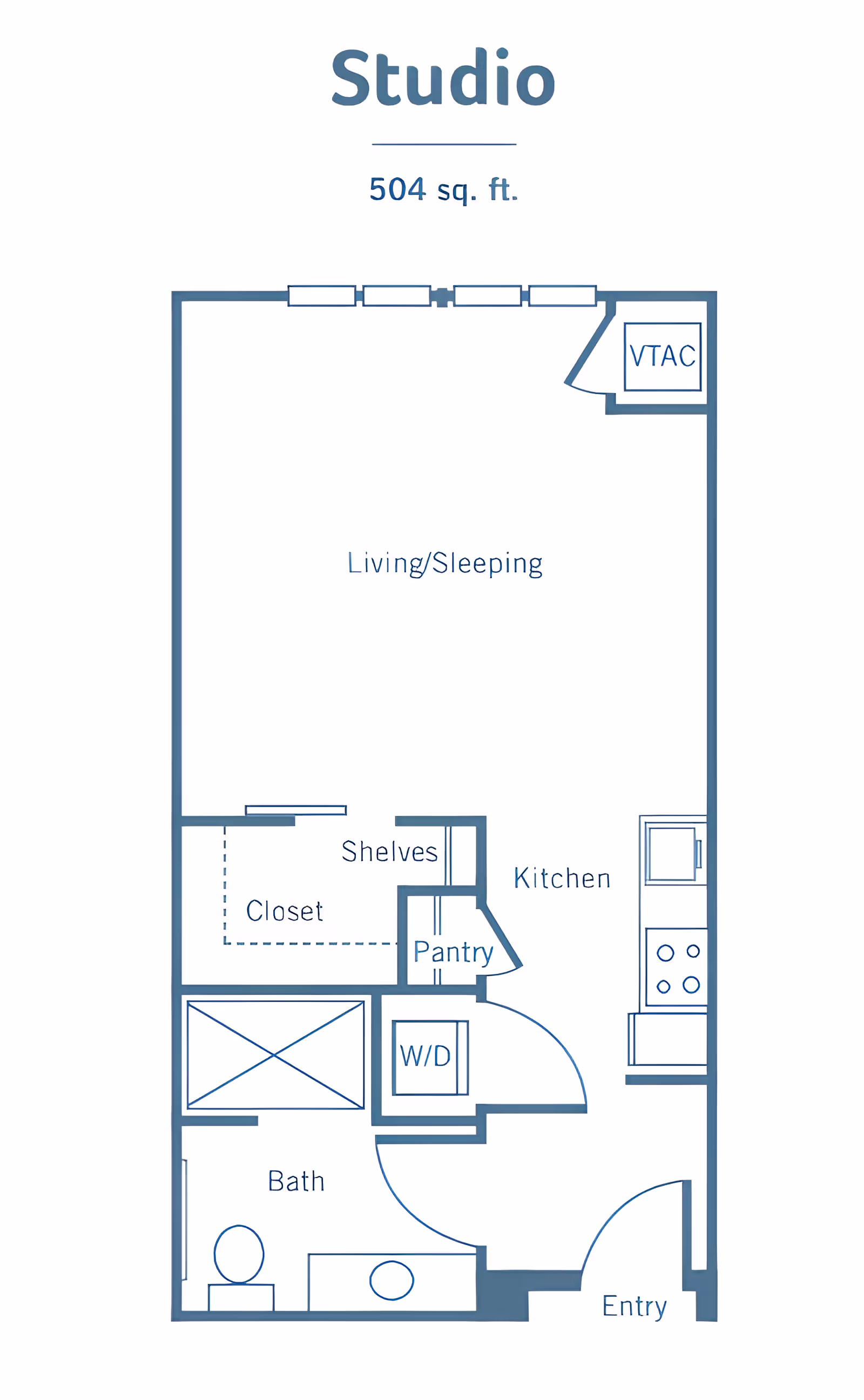 Floor plan of a studio apartment measuring 504 square feet, showing areas labeled Living/Sleeping, Kitchen, Bath, Closet with Shelves, Pantry, W/D (washer/dryer), VTAC, and Entry.