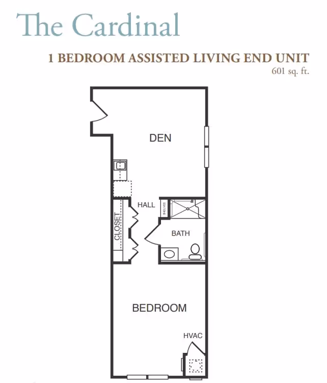 Floor plan titled The Cardinal showing a 1 bedroom assisted living end unit with 601 square feet. The layout includes a den, hall, closet, bathroom with shower, toilet and sink, bedroom, and HVAC area.