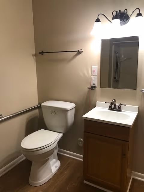 A small bathroom with a white toilet, a wooden vanity with a white sink, a mirror above the sink, and a light fixture with three bulbs mounted on the wall. There is a towel bar on the wall above the toilet and a grab bar next to the toilet. The floor has wood-like flooring and the walls are painted beige.