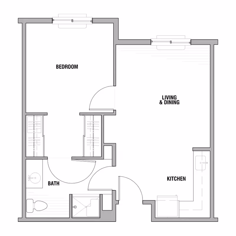 Architectural floor plan of a senior living unit at Lincoln Meadows Senior Living showing a bedroom, bathroom, kitchen, and combined living and dining area.