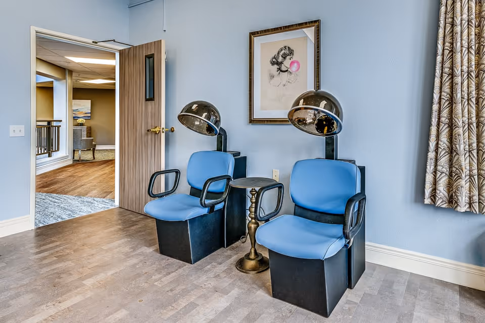 Interior room with two vintage blue salon chairs equipped with hair dryers, a small round table between them, a framed artwork of a woman blowing a pink bubble on the wall, a wooden door slightly open showing a hallway with seating, and patterned curtains on the right side.