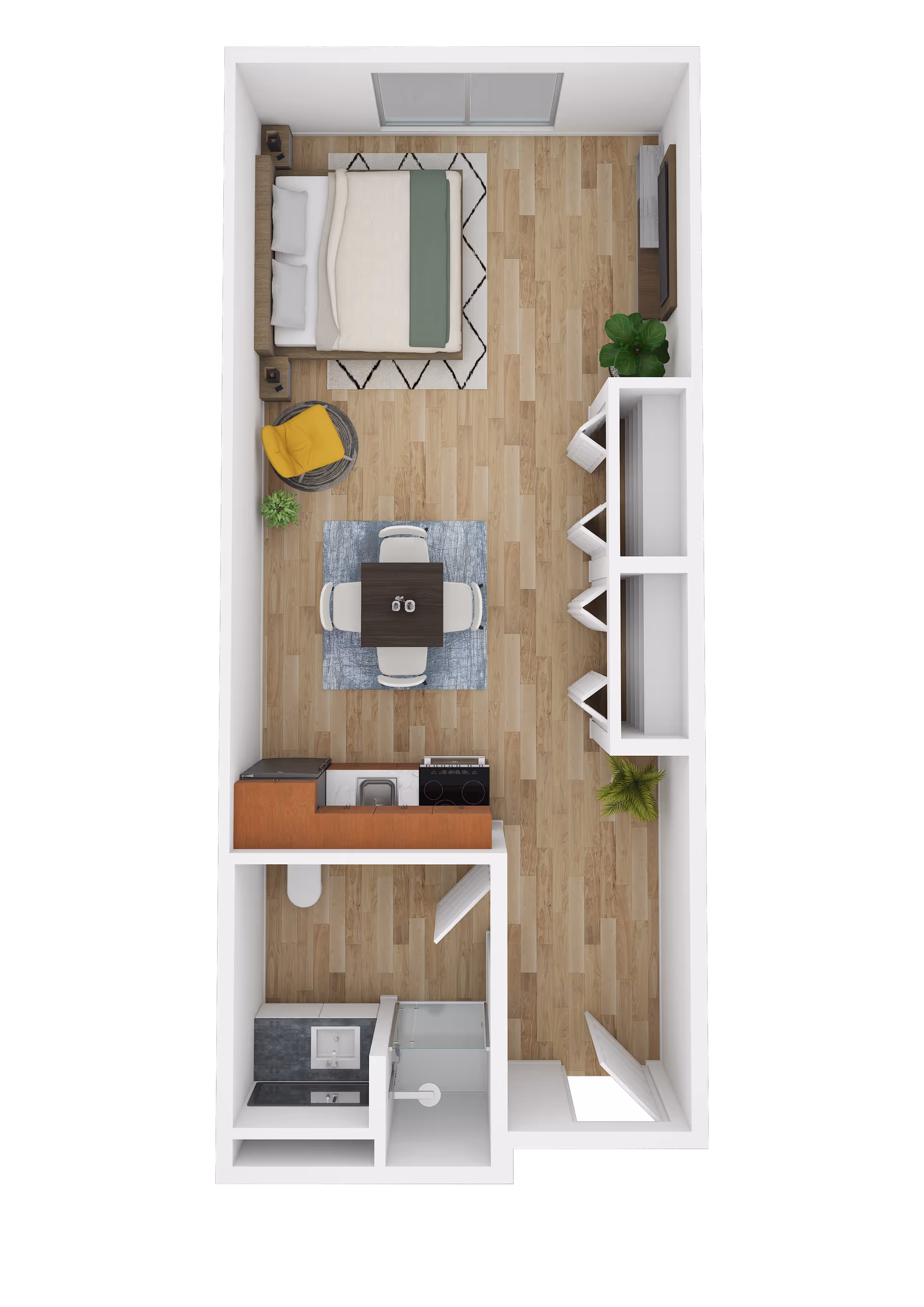 Top-down view of a studio apartment floor plan featuring a bedroom area with a bed and nightstands, a dining area with a table and four chairs, a small kitchen with a sink, stove, and refrigerator, and a bathroom with a shower, sink, and toilet. The apartment has wood flooring throughout and some plants for decoration.