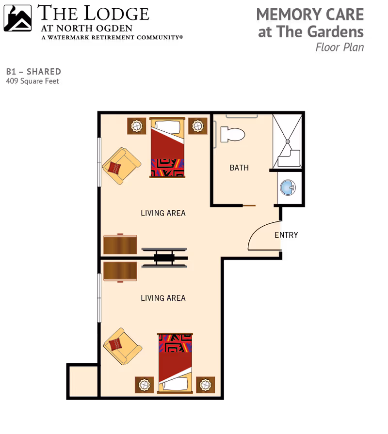 Floor plan of a shared memory-care apartment showing two beds, living areas, and a bathroom.