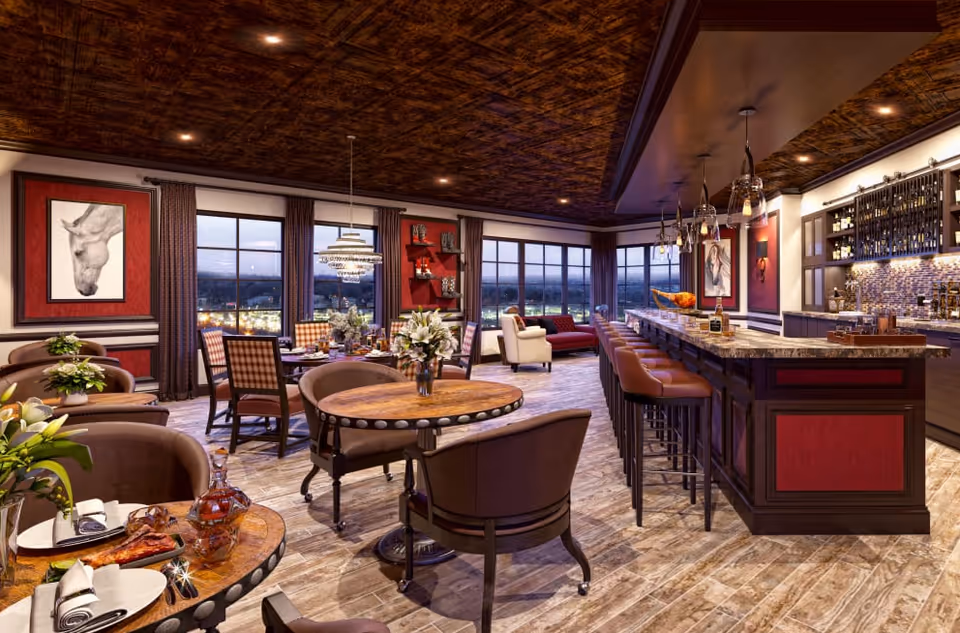 Elegant dining and lounge area with round wooden tables, cushioned chairs, a long bar with high stools, decorative lighting, large windows with city views, and artwork on the walls.