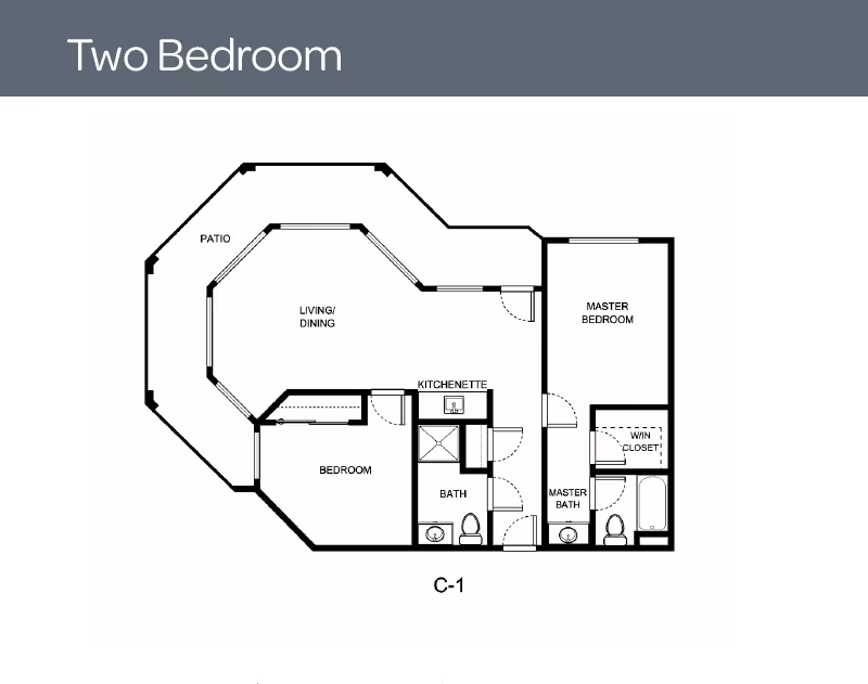 Floor plan of a two-bedroom apartment at Whealdon Estates by Barclay House, showing a living/dining area, kitchenette, one bedroom, master bedroom with walk-in closet and master bath, an additional bath, and a patio.