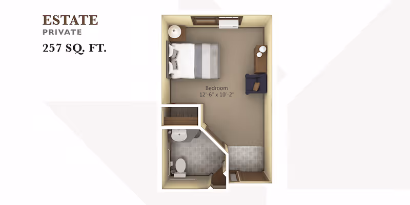 Floor plan of a private estate unit measuring 257 square feet, featuring a bedroom area with a bed, nightstand, chair, and dresser, and an attached bathroom with a toilet and sink.