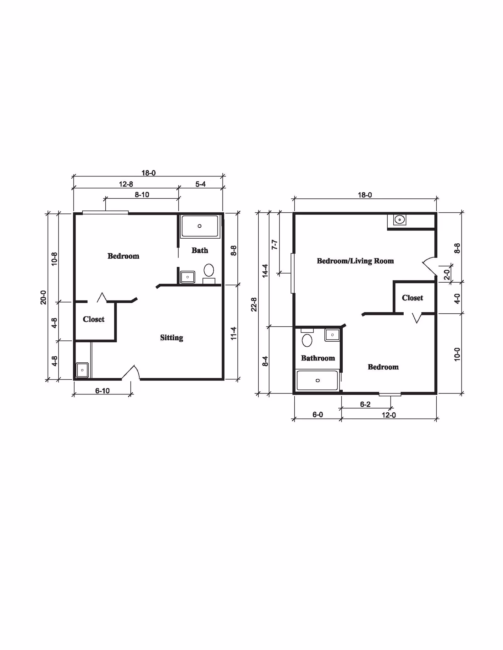 Architectural floor plan showing two layouts. The left layout includes a bedroom, closet, sitting area, and bath with dimensions. The right layout includes a bedroom/living room, closet, bedroom, and bathroom with dimensions.