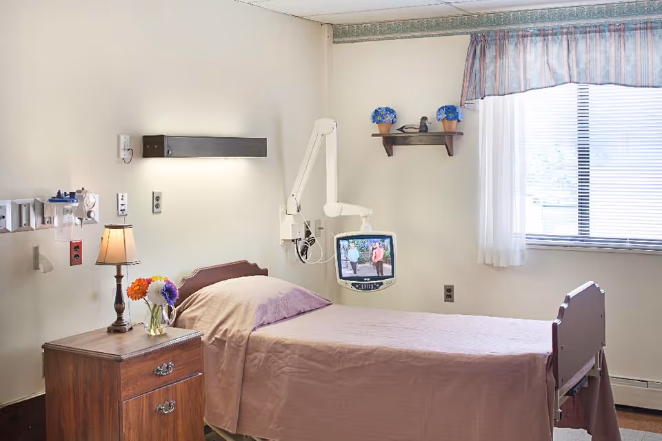 A simple patient room with a single bed covered in a light pink bedspread, a wooden nightstand with a lamp and a small vase of colorful flowers, a wall-mounted TV on an adjustable arm, a window with blinds and a valance, and a small shelf with two potted plants and a decorative bird.