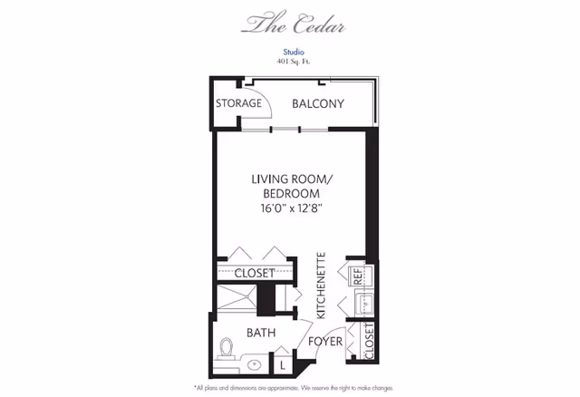 Floor plan titled 'The Cedar' for a 401 sq ft studio showing a living room/bedroom, kitchenette, bath, closets, balcony and storage.