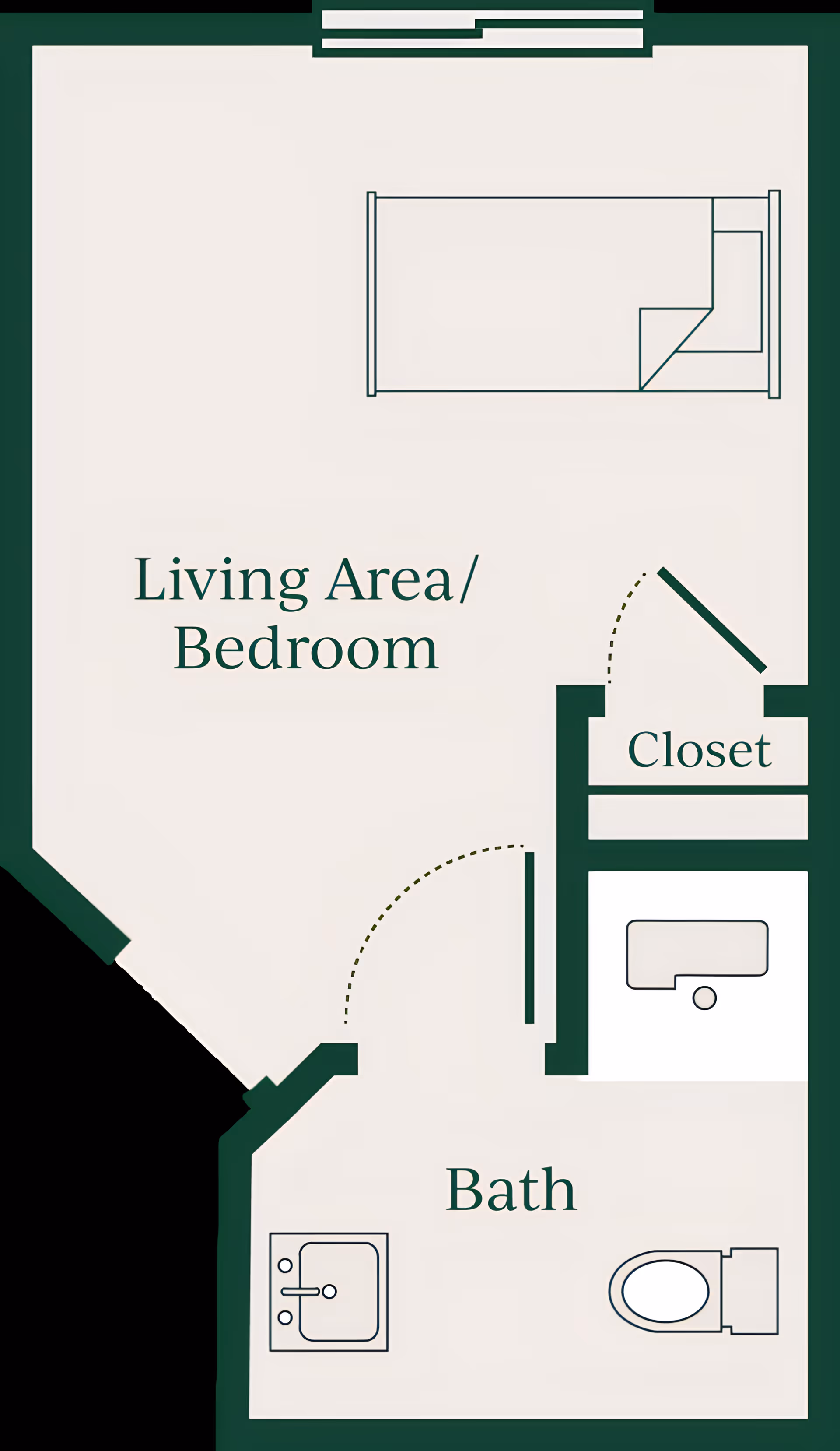 Graphic floor plan of a studio living area/bedroom with a closet and an attached bathroom showing a sink and toilet.
