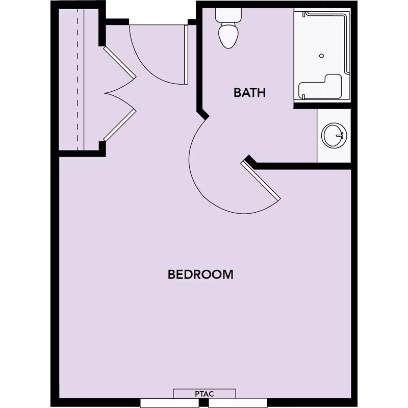 Floor plan layout showing a bedroom area with an attached bathroom that includes a toilet, sink, and shower. The bedroom has a closet and a PTAC unit near the entrance.