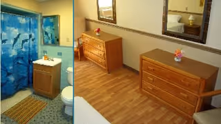 Split image showing a bathroom on the left with a dolphin-themed shower curtain, a sink with a mirror, and a toilet. On the right, a bedroom area with two wooden dressers, a bed partially visible, a mirror on the wall, and a small flower vase on one dresser.