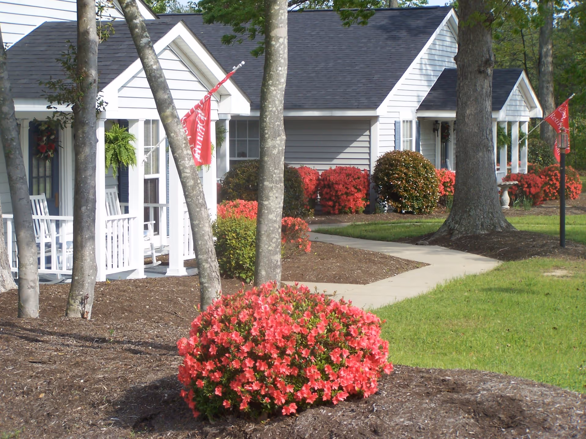 Exterior view of Bayberry Retirement Inn showing white cottages with porches, white rocking chairs, red flags, and landscaped garden with green grass, trees, and red flowering bushes.