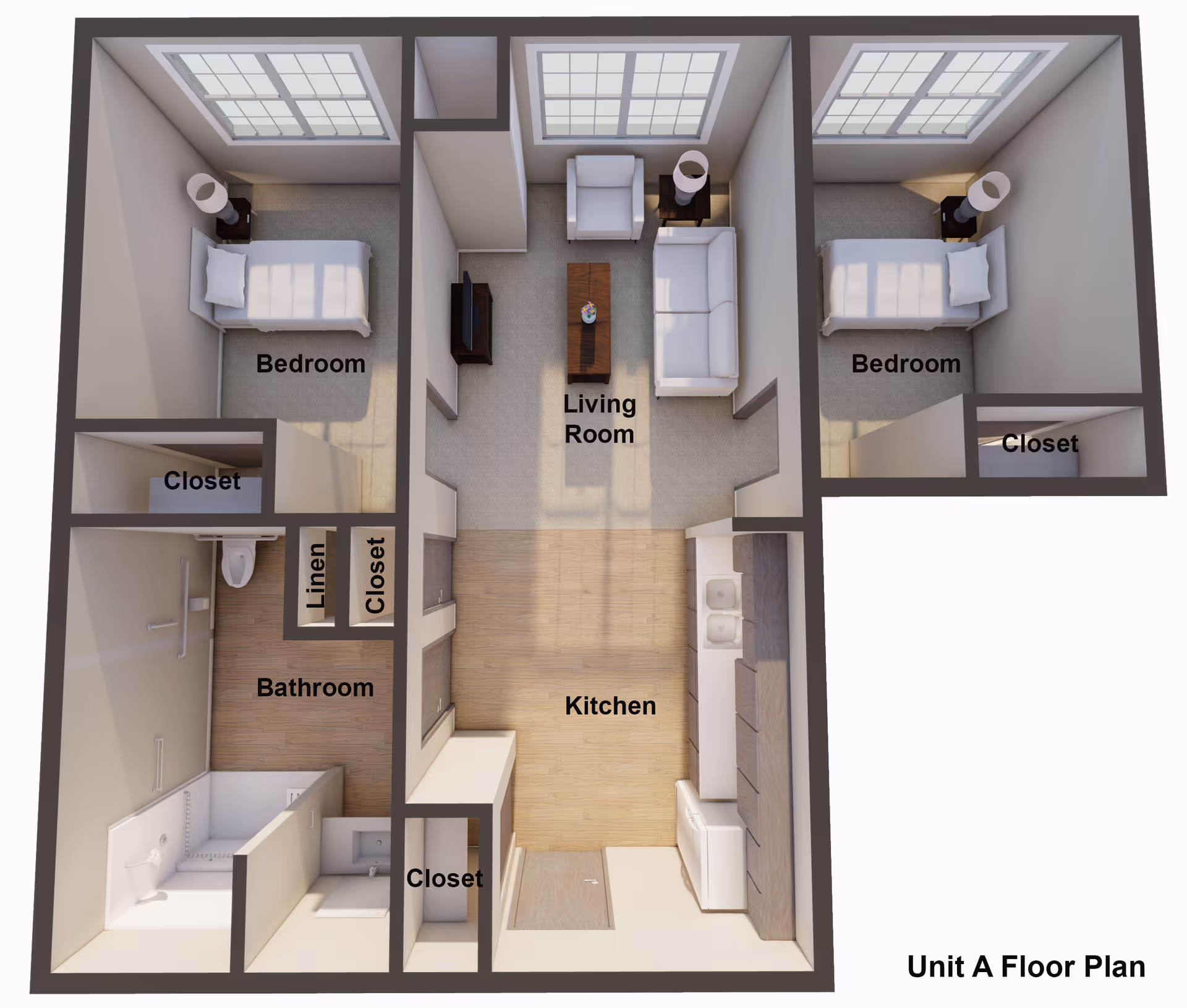 3D floor plan of Unit A at Boyson Heights Assisted Living showing two bedrooms each with a bed and closet, a living room with a sofa, armchair, coffee table and TV, a kitchen with appliances and cabinets, and a bathroom with a shower, toilet, and sink. Multiple closets and a linen closet are also included.