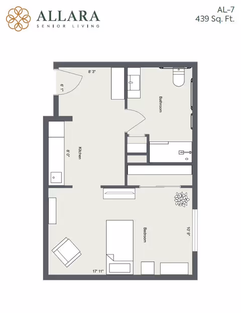 Floor plan of a senior living unit at Allara Senior Living labeled AL-7 with 439 square feet. The layout includes a kitchen area, a bathroom, and a bedroom with furniture placements indicated.