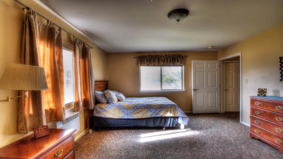 A sunlit furnished bedroom with a bed, two dressers, windows with curtains, and a lamp.