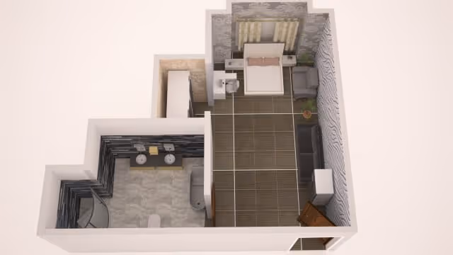 3D floor plan of a small living space showing a bedroom area with a bed, a side table, and a sofa, adjacent to a bathroom with a double sink, toilet, and shower.