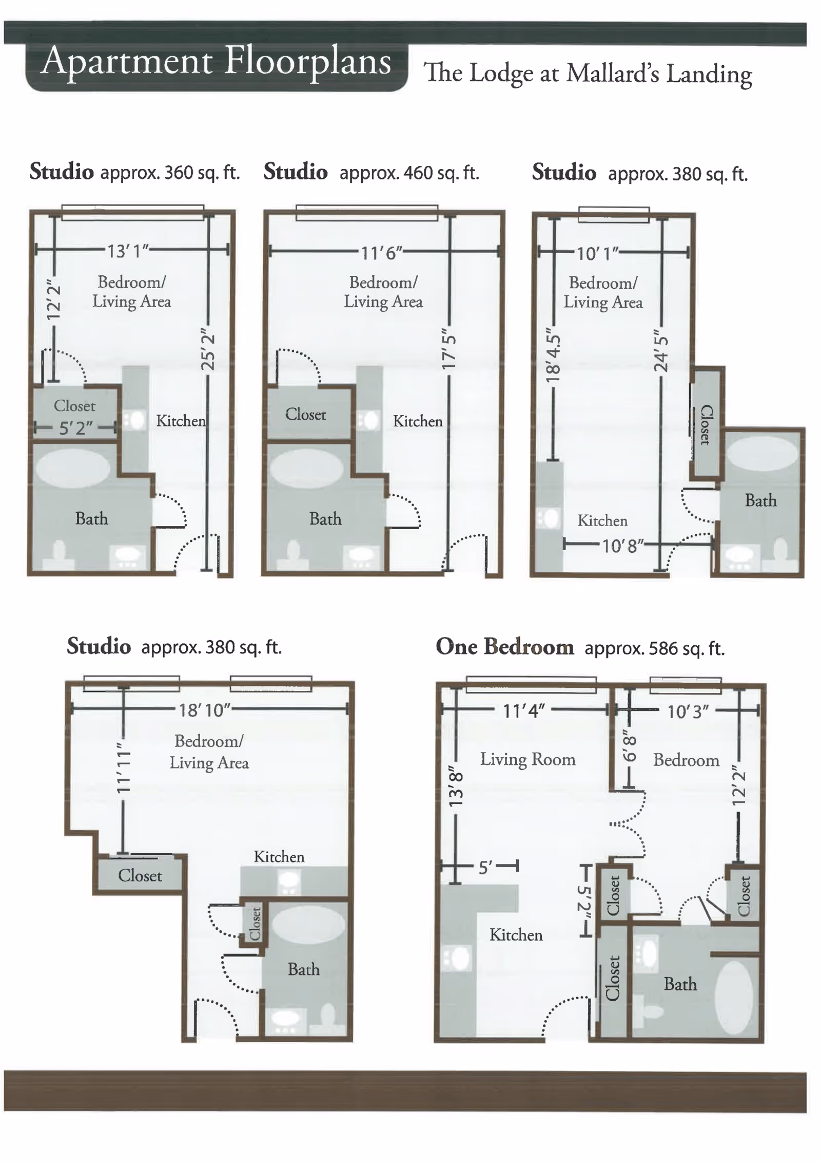Floor plans for The Lodge at Mallard's Landing showing five apartment layouts including four studio apartments ranging from approximately 360 to 460 square feet, and one one-bedroom apartment approximately 586 square feet. Each layout details the dimensions and placement of bedroom/living areas, kitchens, closets, and bathrooms.